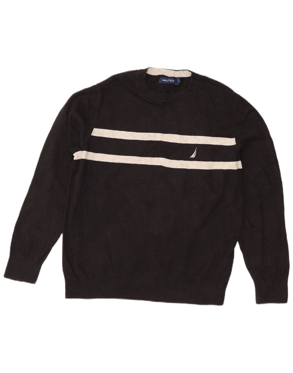 Nautica Mens Crew Neck Jumper Sweater Large Black Striped Cotton
