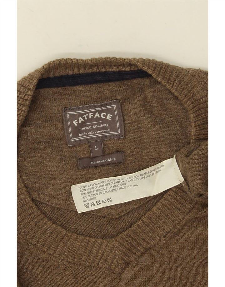Fat Face Mens V-Neck Jumper Sweater Large Brown Cotton