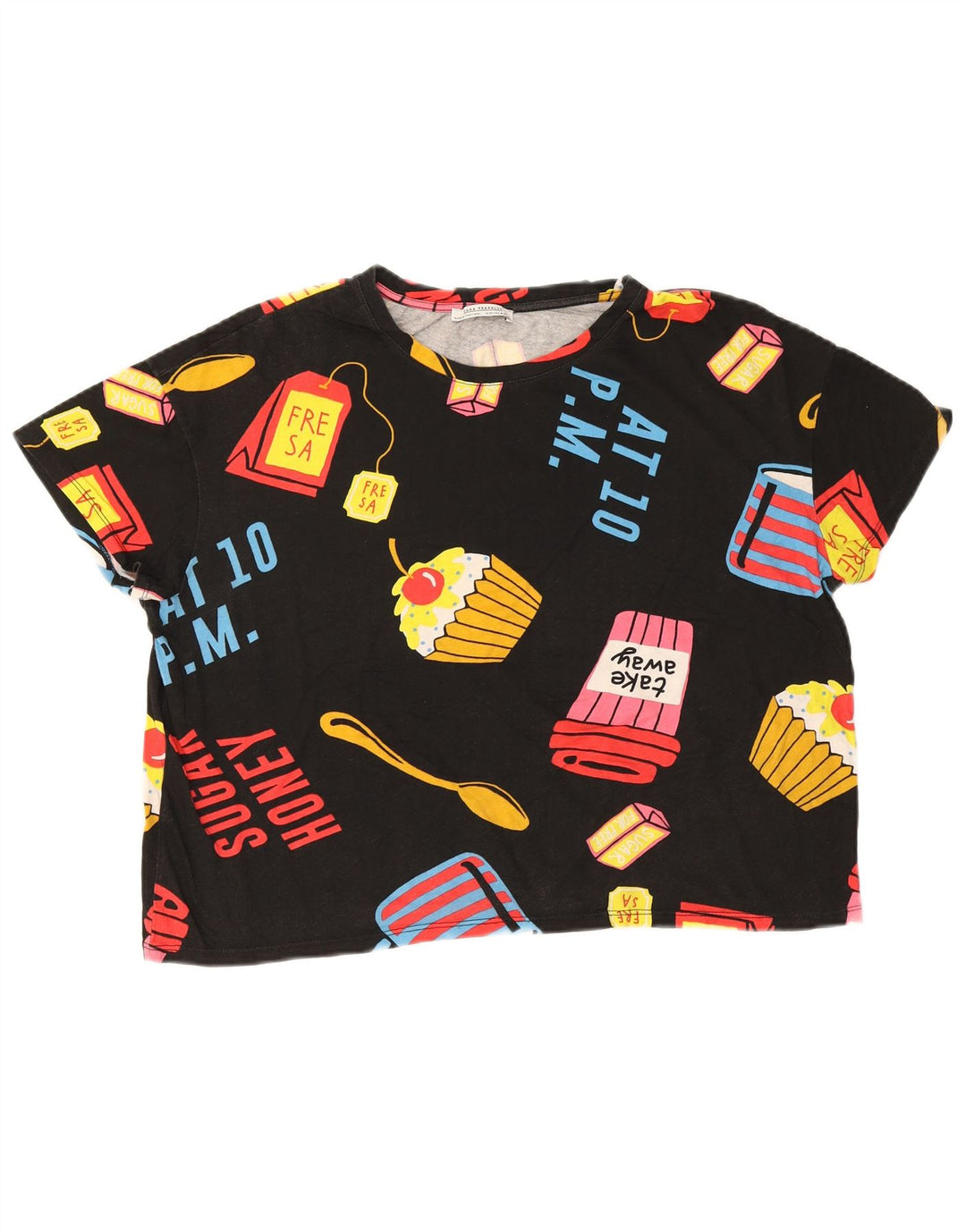 Zara Womens Crop Oversized Graphic T-Shirt Top UK 14 Medium Black