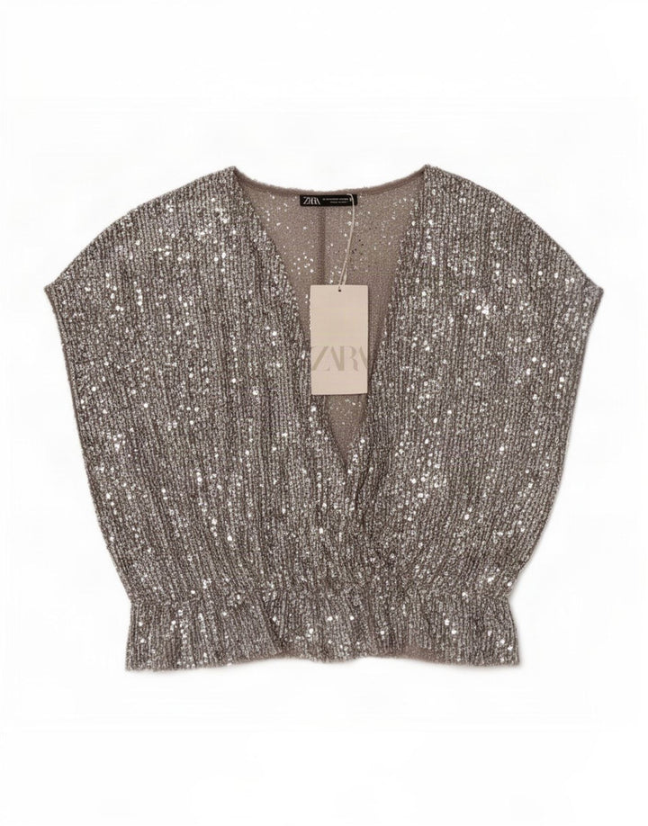 Zara Mujer Blusa Top UK 42 Medio Plata Poliéster