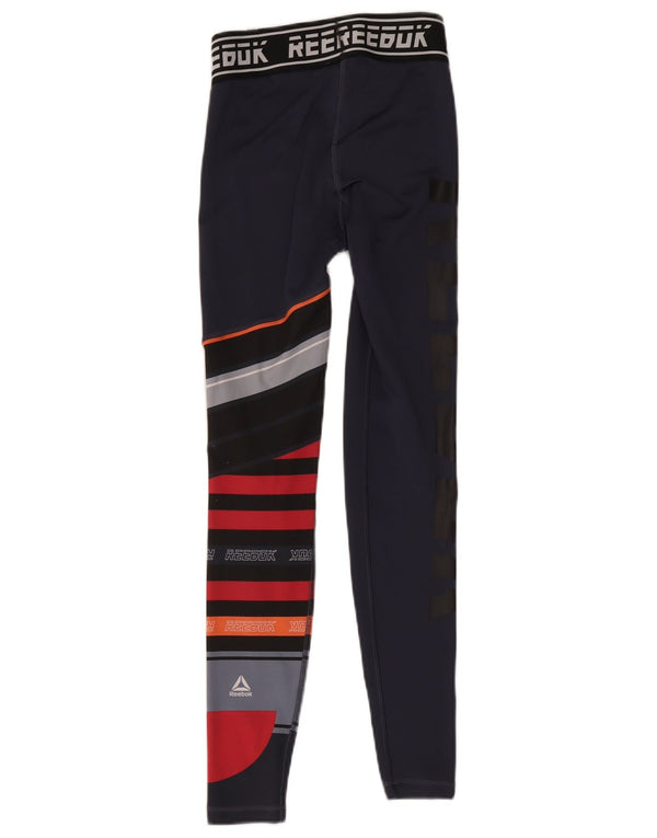 Reebok Womens Graphic Leggings UK 4/6 XS Navy Blue Colourblock Polyester