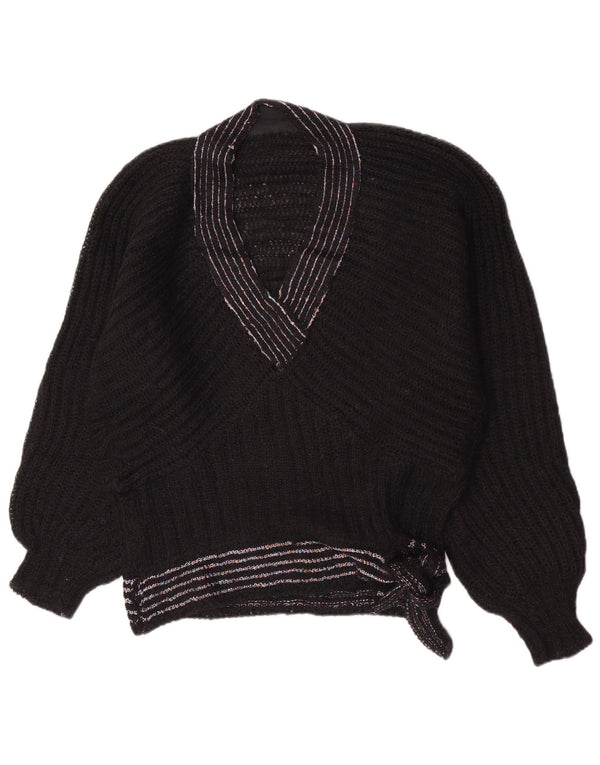 Pulover vintage pentru femei cu decolteu în V UK 14 Medium Black Dunge Retro