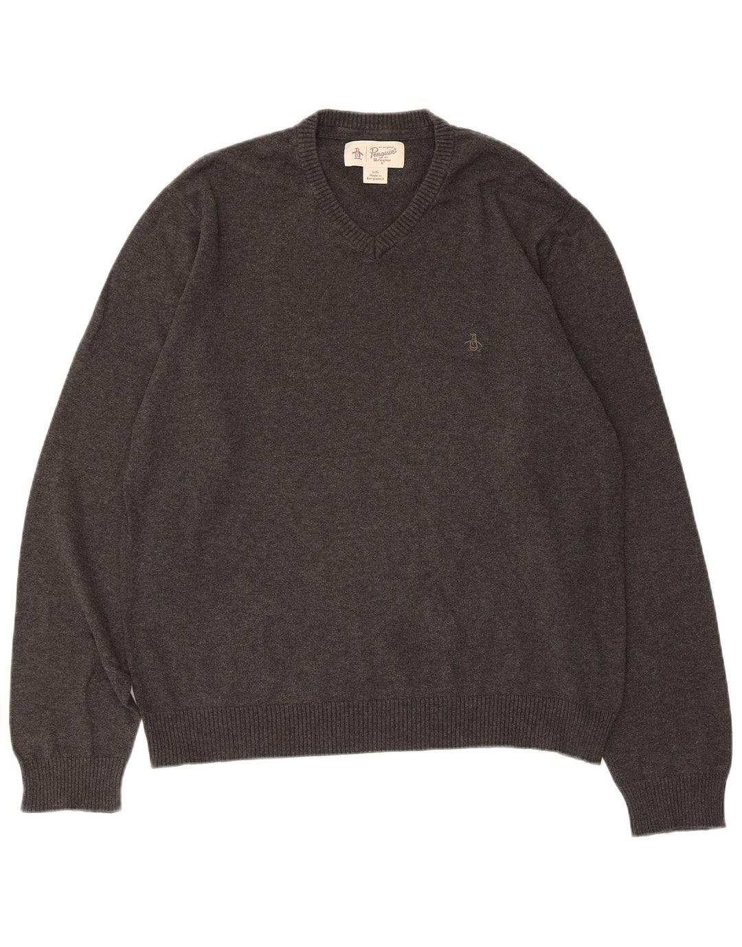 Penguin Mens V-Neck Jumper Sweater Large Grey Cotton