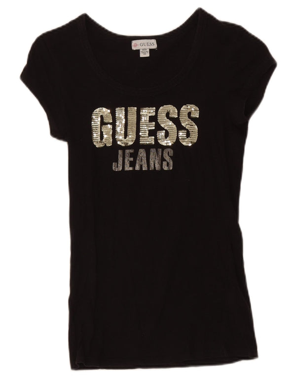 T-shirt grafica da donna Guess UK 4 XS in cotone nero