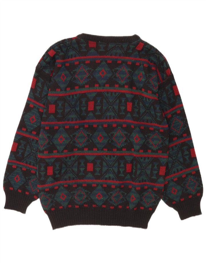 Vintage Mens Crew Neck Jumper Sweater Medium Grey Geometric