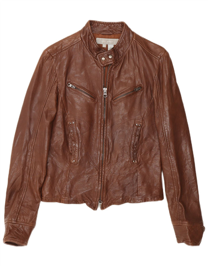 Zara Womens Leather Biker Jacket UK 12 Medium Brown