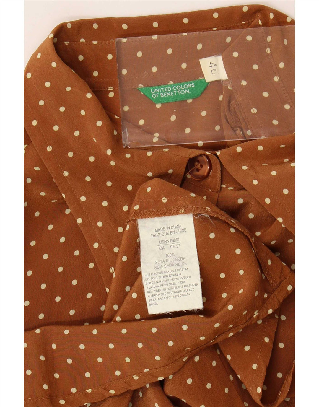 Benetton Womens Shirt Blouse IT 46 Large Brown Spotted Silk
