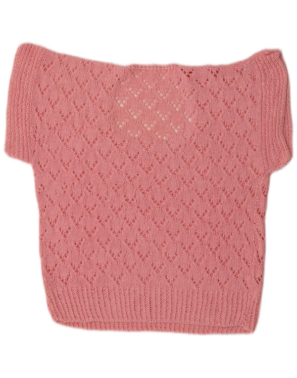 Vintage damski sweter z krótkim rękawem i dekoltem w łódkę UK 16, duży różowy
