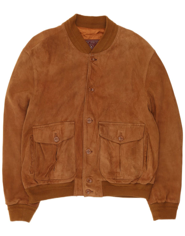 vintage Mens Suede Bomber Jacket IT 54 2XL Cuir Marron