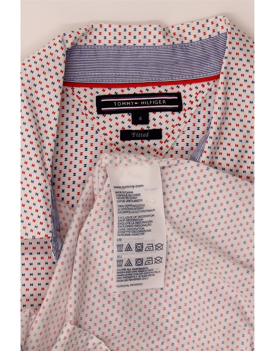 TOMMY HILFIGER Womens Fitted Graphic Shirt US 8 Medium Red Cotton Vintage Tommy Hilfiger and Second-Hand Tommy Hilfiger from Messina Hembry 