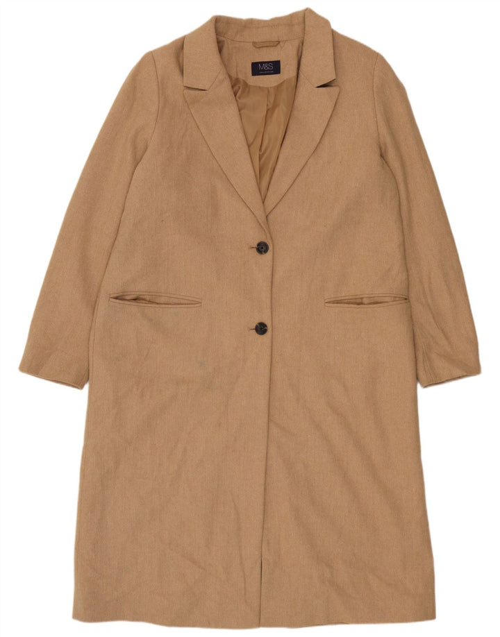 Marks & Spencer Womens Overcoat UK 16 Large  Beige Herringbone Wool
