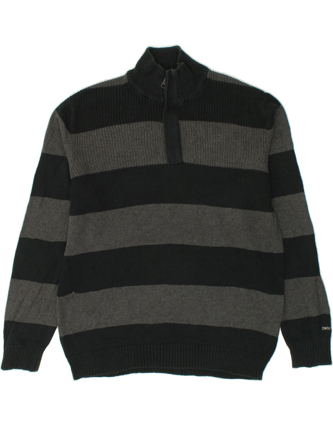 DKNY Mens Zip Neck Jumper Sweater XL Grey Striped Cotton Vintage Dkny and Second-Hand Dkny from Messina Hembry 