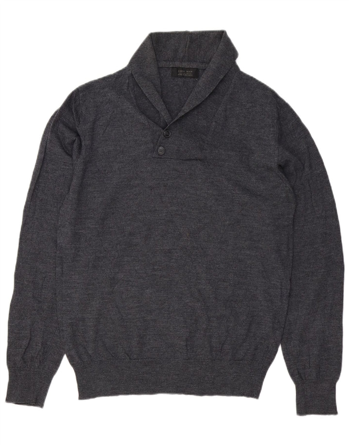 Zara Mens Shawl Neck Jumper Sweater Large Grey Wool