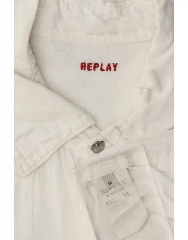 REPLAY Mens Short Sleeve Shirt Medium White Linen