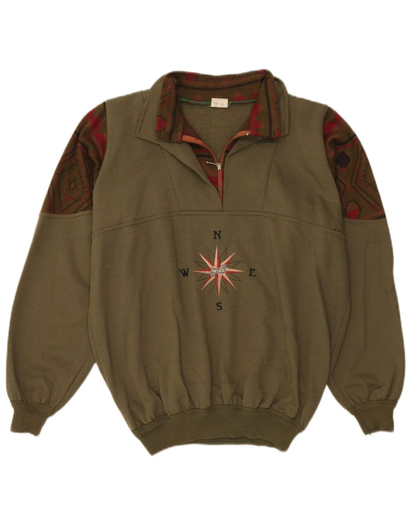 Felpa con collo con zip grafica vintage da uomo, maglione grande, kaki geometrico