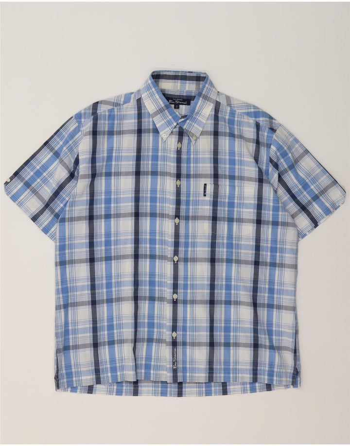 Ben Sherman Mens Short Sleeve Shirt Large Blue Check Cotton