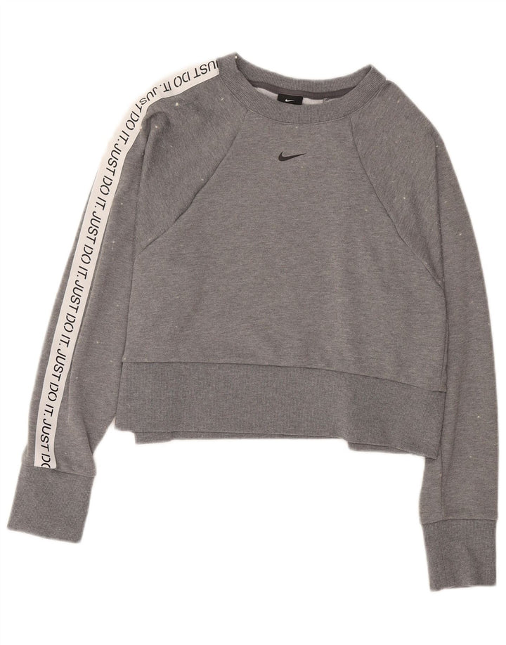 NIKE Womens Graphic Crop Sweatshirt Jumper UK 14 Medium Grey Polyester