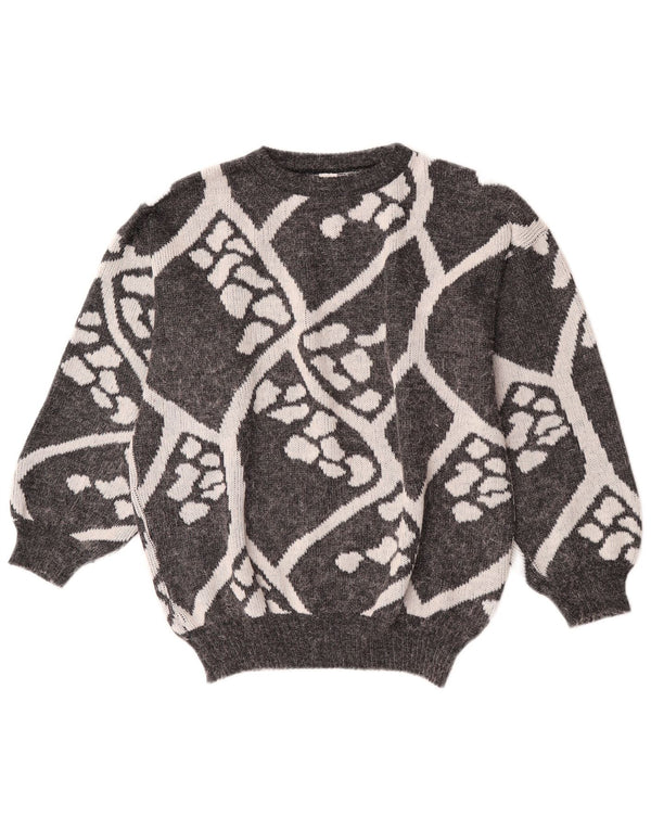 vintage Womens Crew Neck Jumper Sweater UK 16 Grand Gris Géométrique