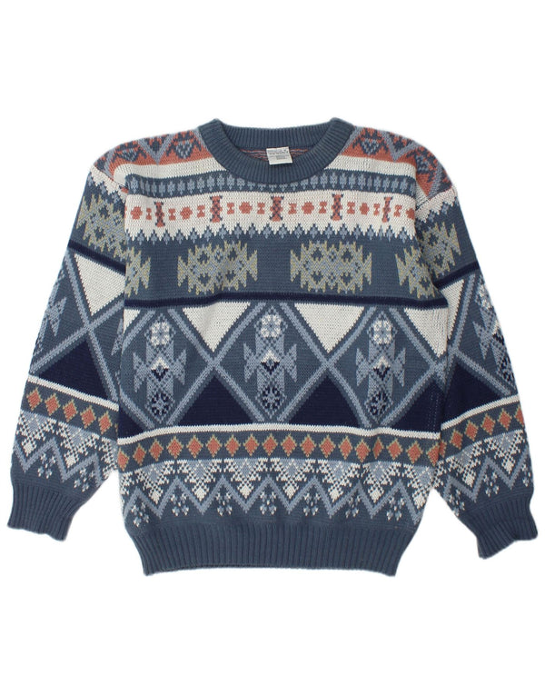 vintage Mens Loose Fit Crew Neck Jumper Pull UK 34/36 XS Bleu Fair Isle