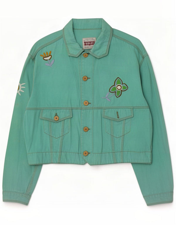 Chaqueta vaquera de ajuste relajado para mujer Sisley UK 44 Large Green Floral Retro