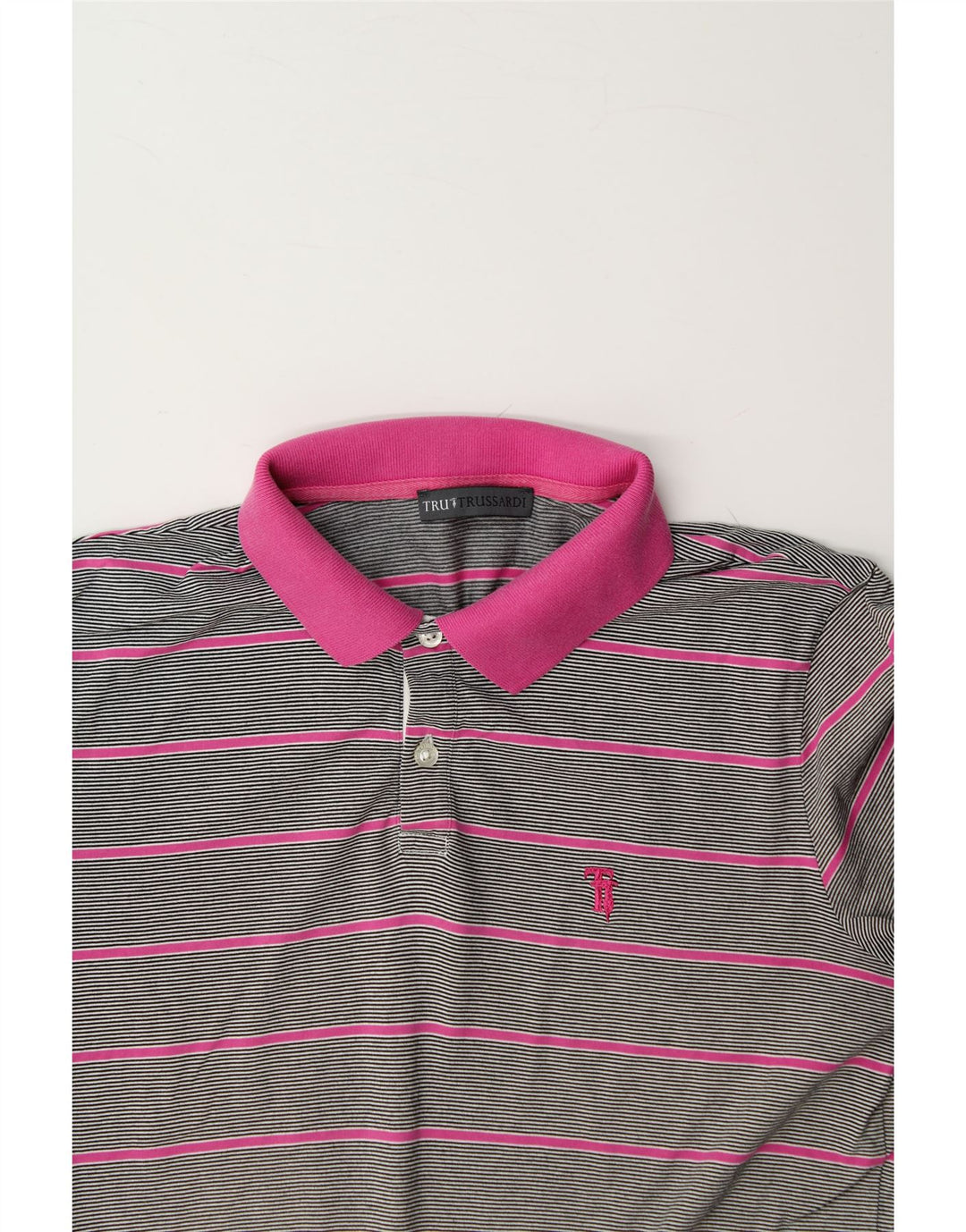 TRUSSARDI Mens Polo Shirt Small Grey Striped Cotton Vintage Trussardi and Second-Hand Trussardi from Messina Hembry 