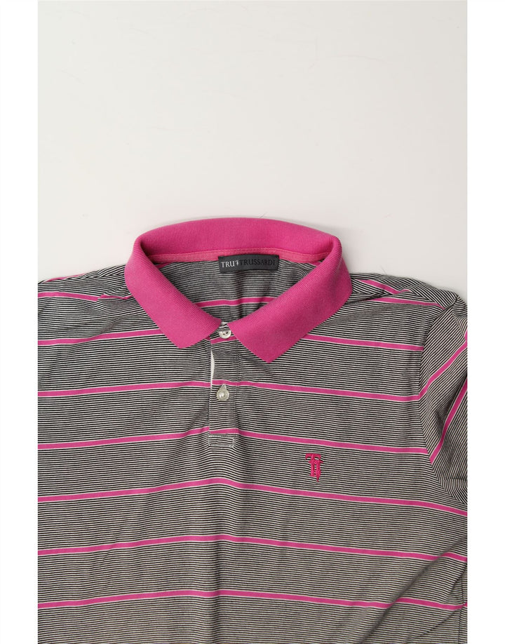 TRUSSARDI Mens Polo Shirt Small Grey Striped Cotton Vintage Trussardi and Second-Hand Trussardi from Messina Hembry 