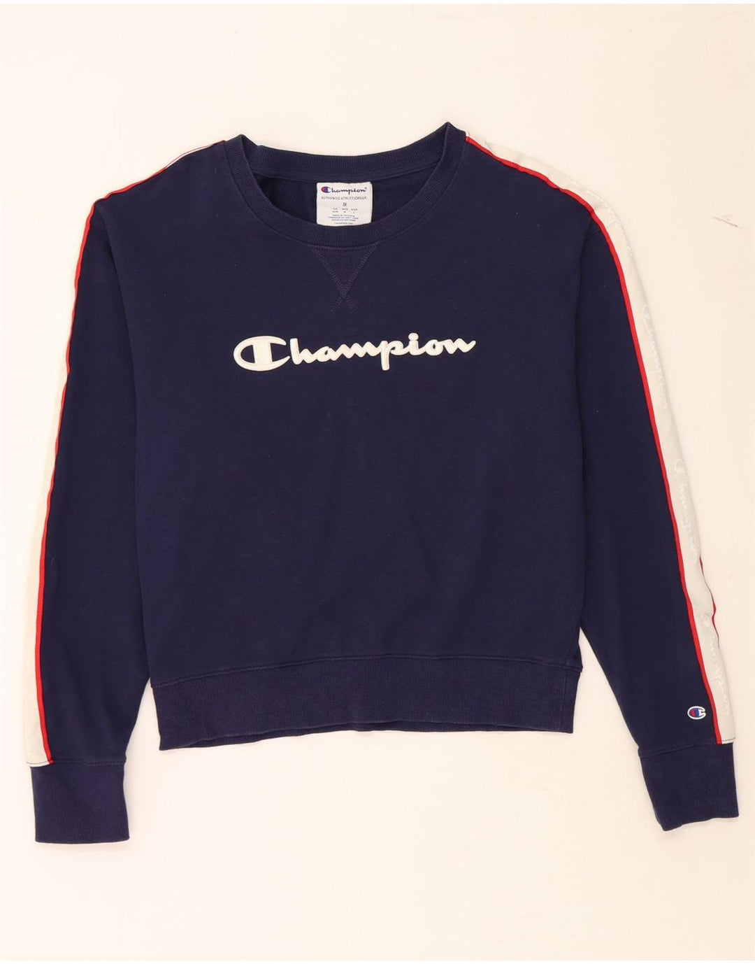 CHAMPION Womens Sweatshirt Jumper UK 14 Medium Navy Blue Colourblock Vintage Champion and Second-Hand Champion from Messina Hembry 