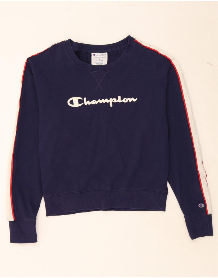 CHAMPION Womens Sweatshirt Jumper UK 14 Medium Navy Blue Colourblock Vintage Champion and Second-Hand Champion from Messina Hembry 