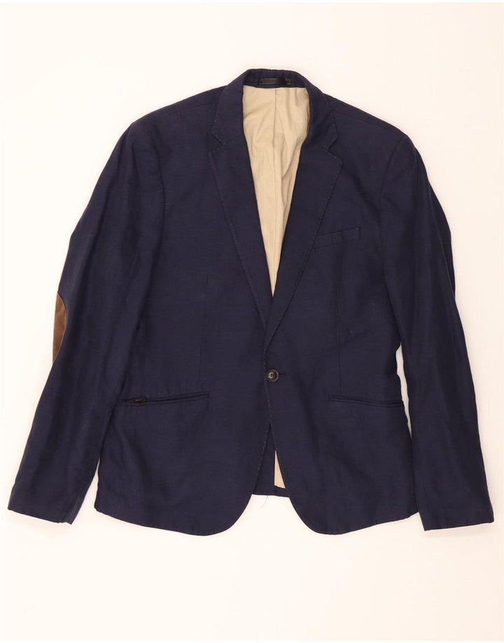 JACK & JONES Mens 1 Button Blazer Jacket IT 50 Large Navy Blue Linen Vintage Jack & Jones and Second-Hand Jack & Jones from Messina Hembry 