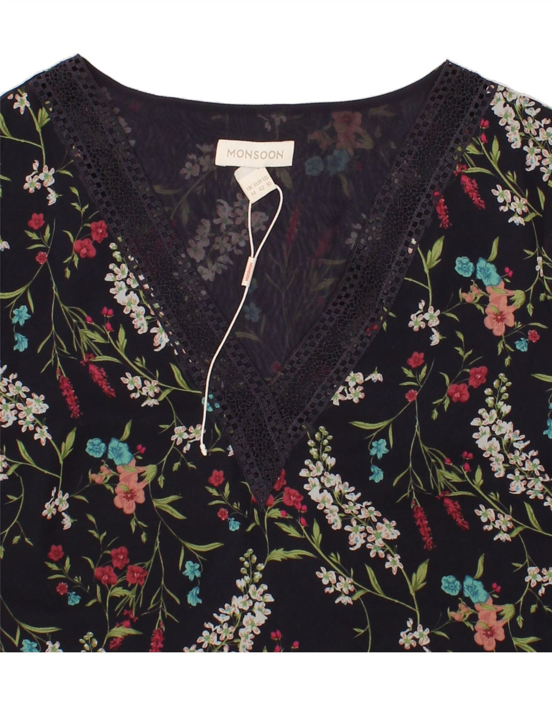 MONSOON Womens Graphic Blouse Top UK 14 Large Black Floral Polyester Vintage Monsoon and Second-Hand Monsoon from Messina Hembry 