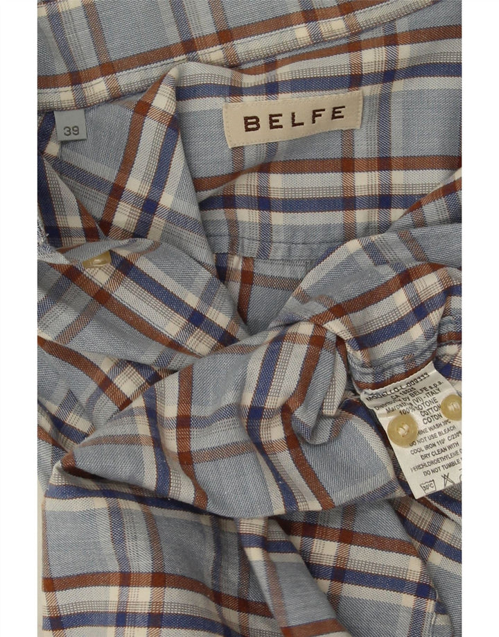 Belfe Mens Shirt Size 39 Medium Blue Check Cotton