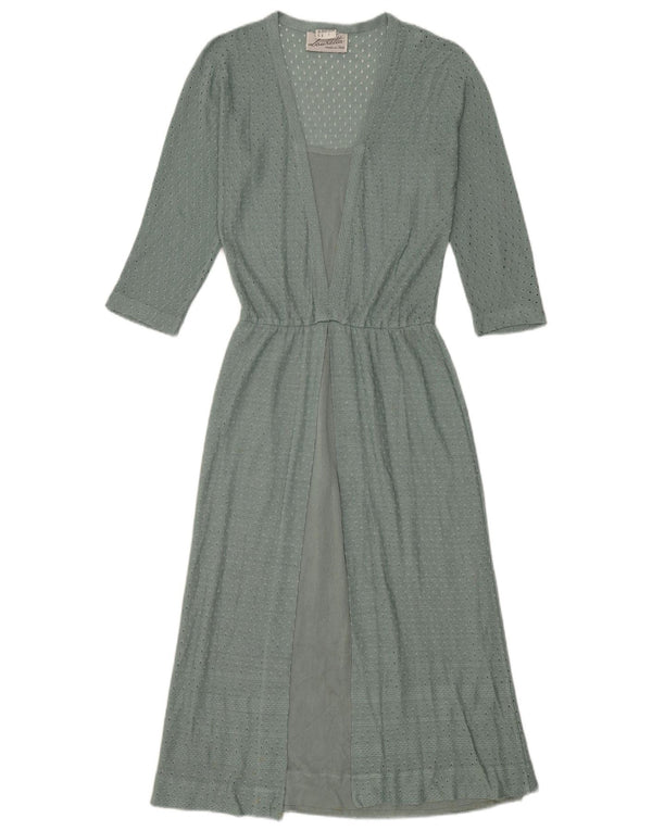 Vintage dame 3/4 ærmet maxikjole IT 44 Medium Green Linen Bohemian