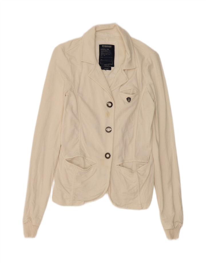 WOOLRICH Womens 3 Button Blazer Jacket UK 10 Small Off White Cotton