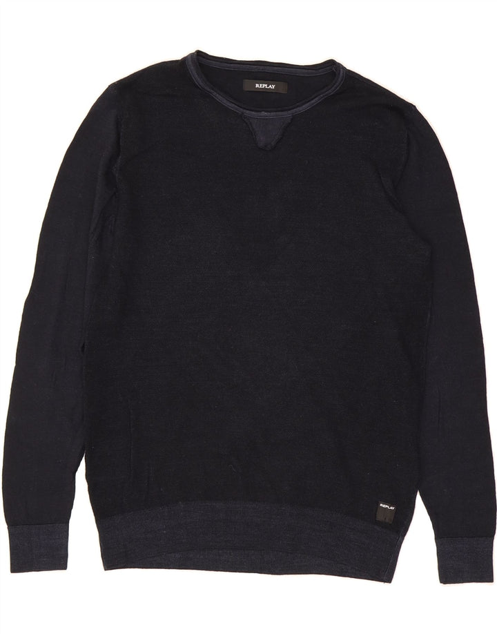 REPLAY Mens Crew Neck Jumper Sweater Large Navy Blue Wool Vintage Replay and Second-Hand Replay from Messina Hembry 