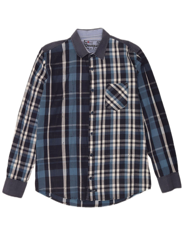 Desigual Mens Shirt Medium Navy Blue Check Cotton
