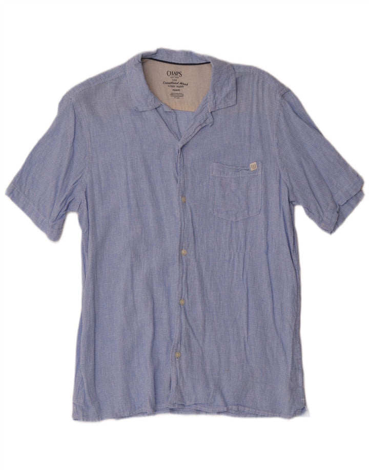 Chaps Mens Short Sleeve Shirt Medium Blue Houndstooth Linen