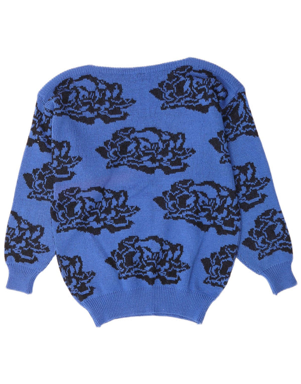 Vintage Womens Boat Neck Jumper Sweater UK 14 Medium Blue Floral