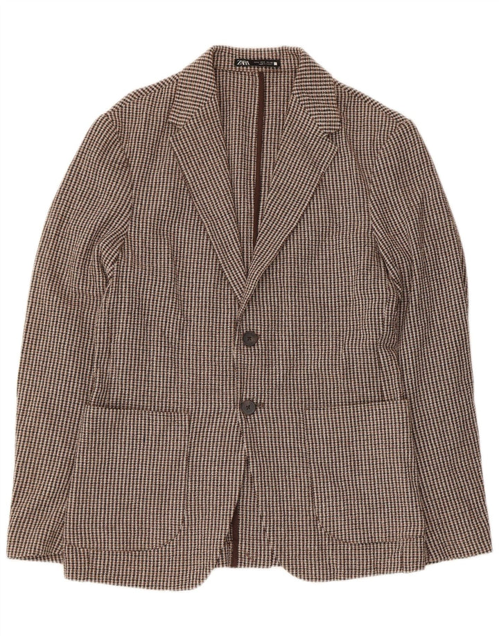Zara Mens 2 Button Blazer Jacket UK 36 Small Brown Houndstooth