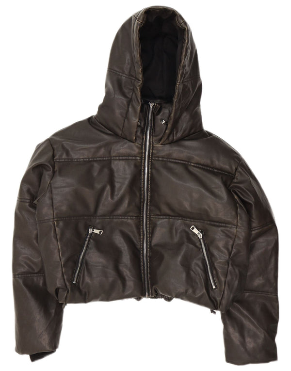Giacca imbottita oversize in pelle sintetica con cappuccio Zara da donna UK 14 media nera