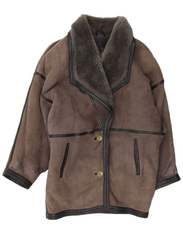Cappotto in shearling oversize da donna vintage UK 20 2XL in pelle grigia