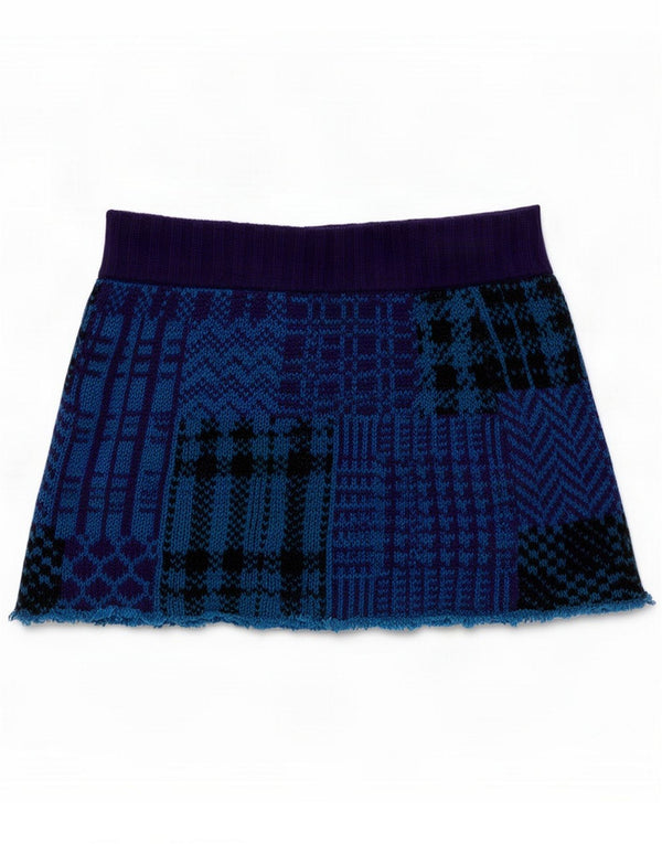 Benetton Womens Bob Camp Knit Mini Skirt Small W27 Blue Patchwork Wool