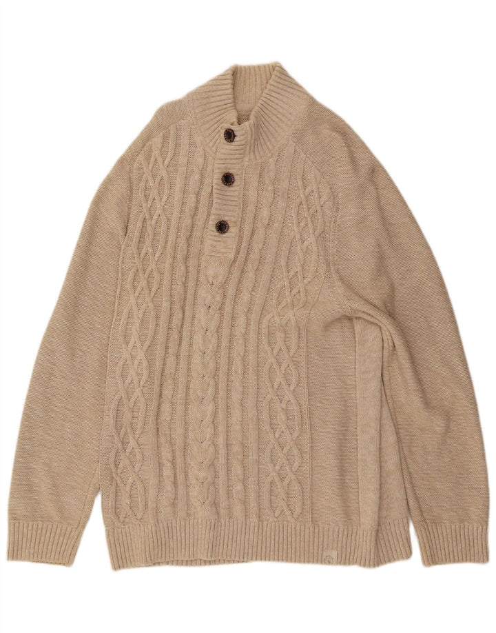 FAT FACE Mens Button Neck Jumper Sweater XL Beige Cotton