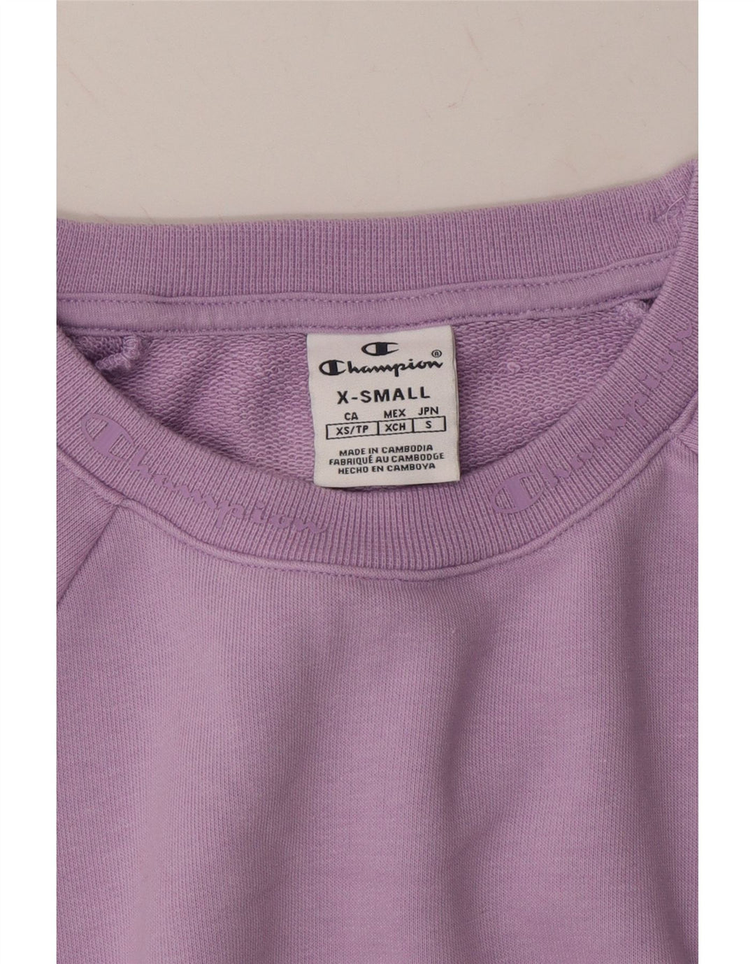 CHAMPION Womens Oversized Crop Sweatshirt Jumper UK 6 XS Purple Cotton Vintage Champion and Second-Hand Champion from Messina Hembry 