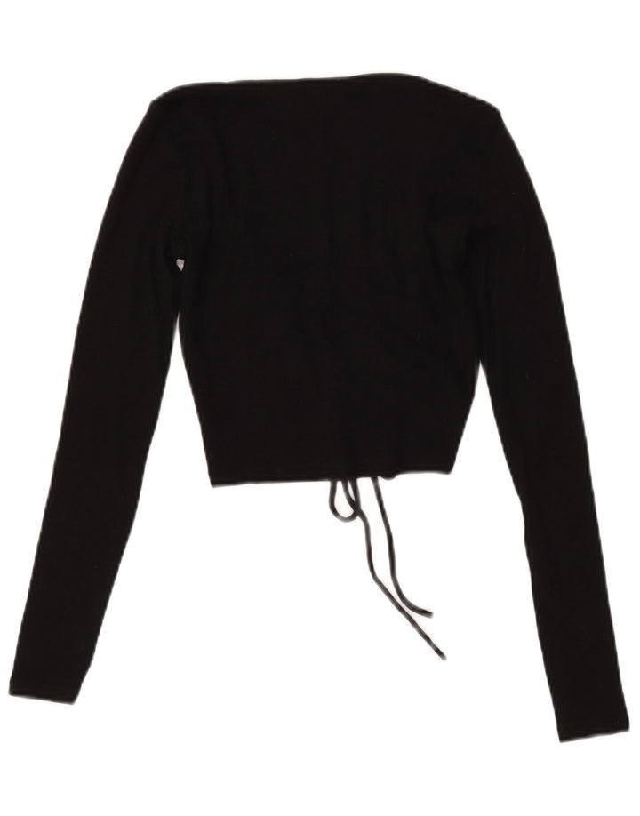Zara Womens Crop Front Tie Top Long Sleeve UK 12 Medium Black Cotton