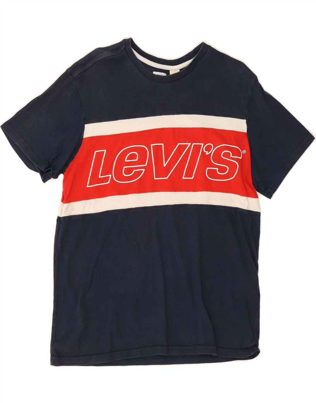 LEVI'S Mens Graphic T-Shirt Top Medium Navy Blue Colourblock Cotton Vintage Levi's and Second-Hand Levi's from Messina Hembry 