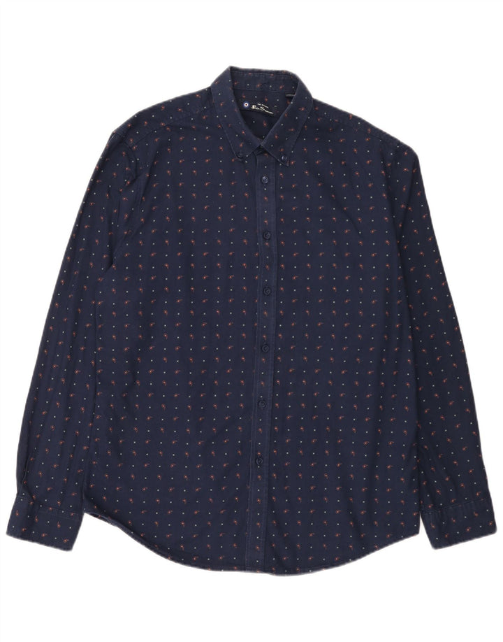 Ben Sherman Mens Shirt Large Navy Blue Spotted Cotton