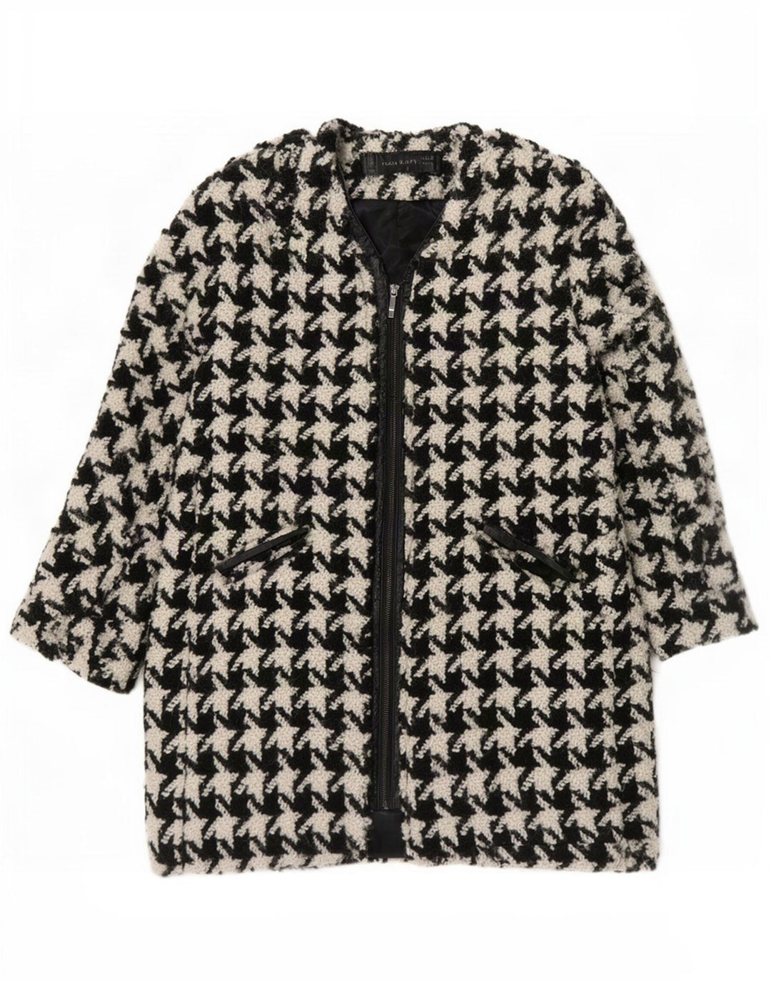 Zara Γυναικείο Παλτό UK 16 Μεγάλο μαύρο μαλλί Houndstooth