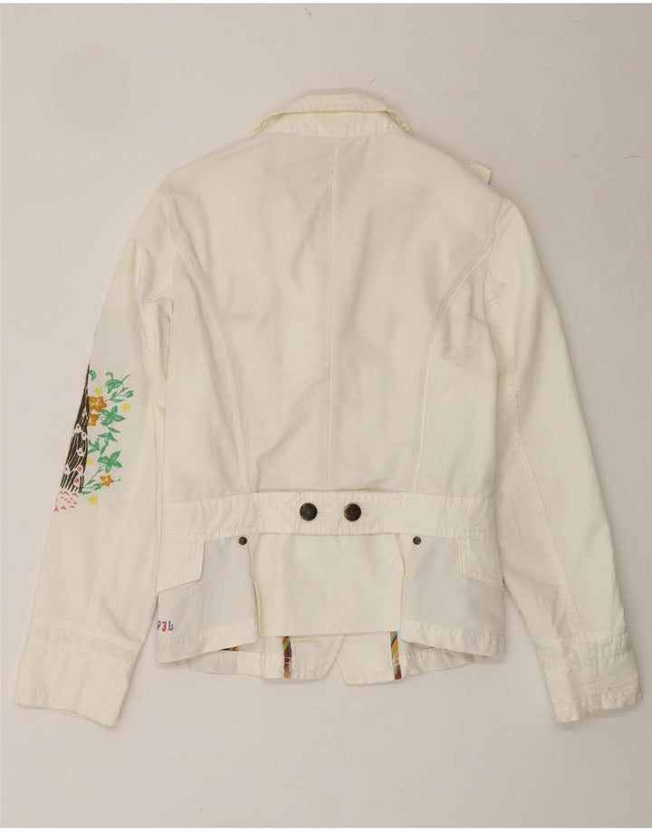 PEPE JEANS Womens Graphic Denim Jacket UK 12 Medium Off White Cotton Vintage PEPE Jeans and Second-Hand PEPE Jeans from Messina Hembry 