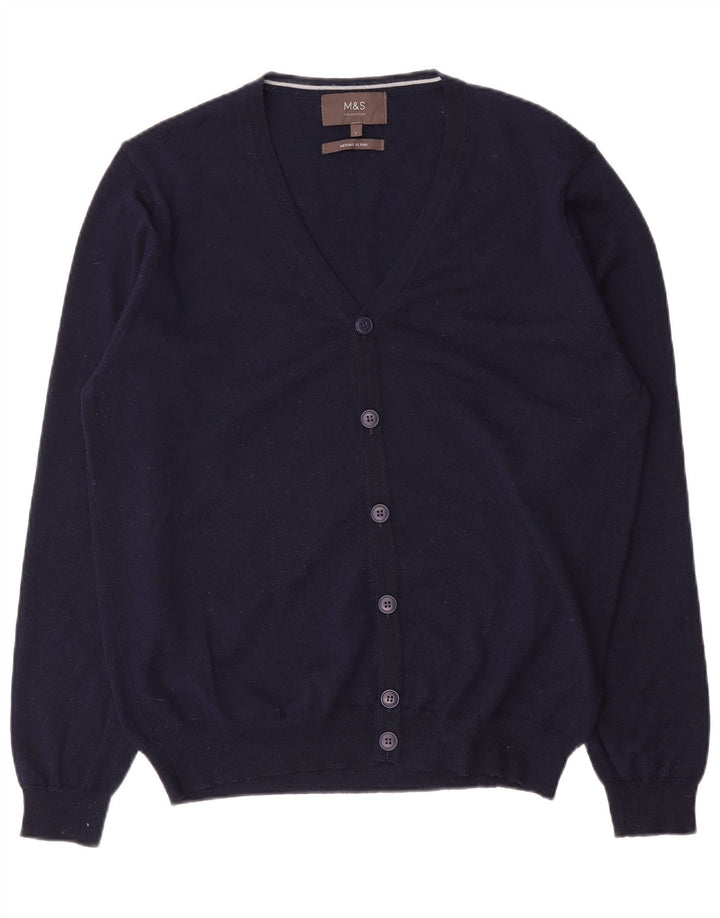 Marks & Spencer Mens Cardigan Sweater Large Navy Blue Merino Wool