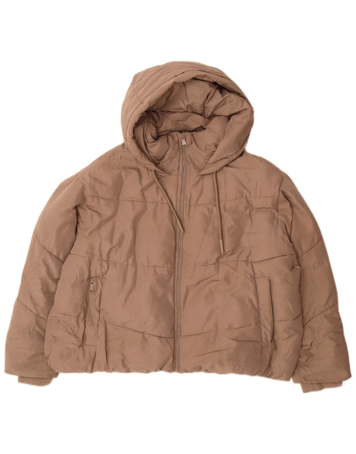 Zara Womens Oversized Crop Hooded Padded Jacket UK 20 2XL Beige Polyester